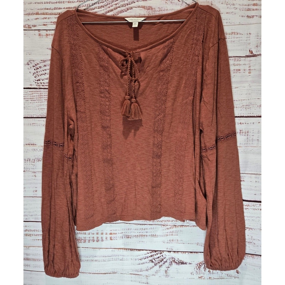 Lucky Brand Women Small Rustic Boho Lace Trim Tassel Tie Long Sleeve Shirt‎
